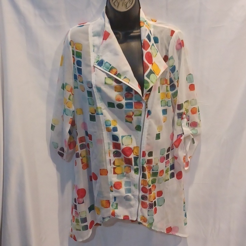 Adore Jacket/top, front zip, pockets, multicolor squares/dots